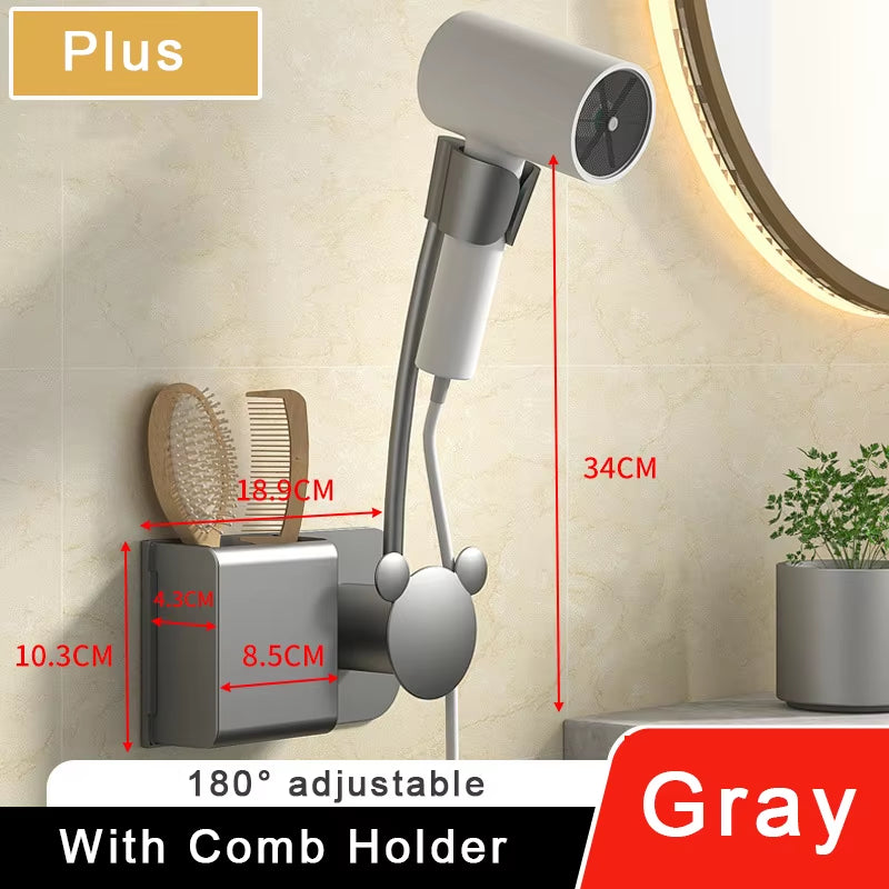 Hair Dryer Holder Bathroom Wall-Mounted Hairdryer Storage Rack Free Hands Multifunction Adjustable Comb Hair Dryer Organizer
