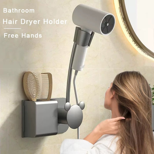 Hair Dryer Holder Bathroom Wall-Mounted Hairdryer Storage Rack Free Hands Multifunction Adjustable Comb Hair Dryer Organizer