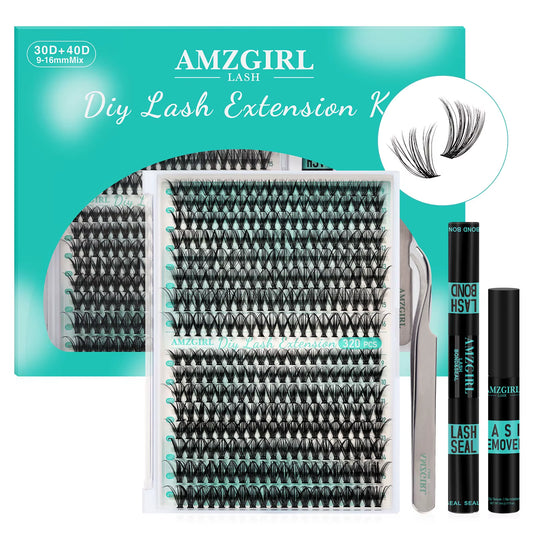 AMZGIRL LASH DIY Eyelashes Kit 320Pcs Cluster Lashes 30D+40D Waterproof Bond and Seal with Remover Tweezer Premade Fan Lashes