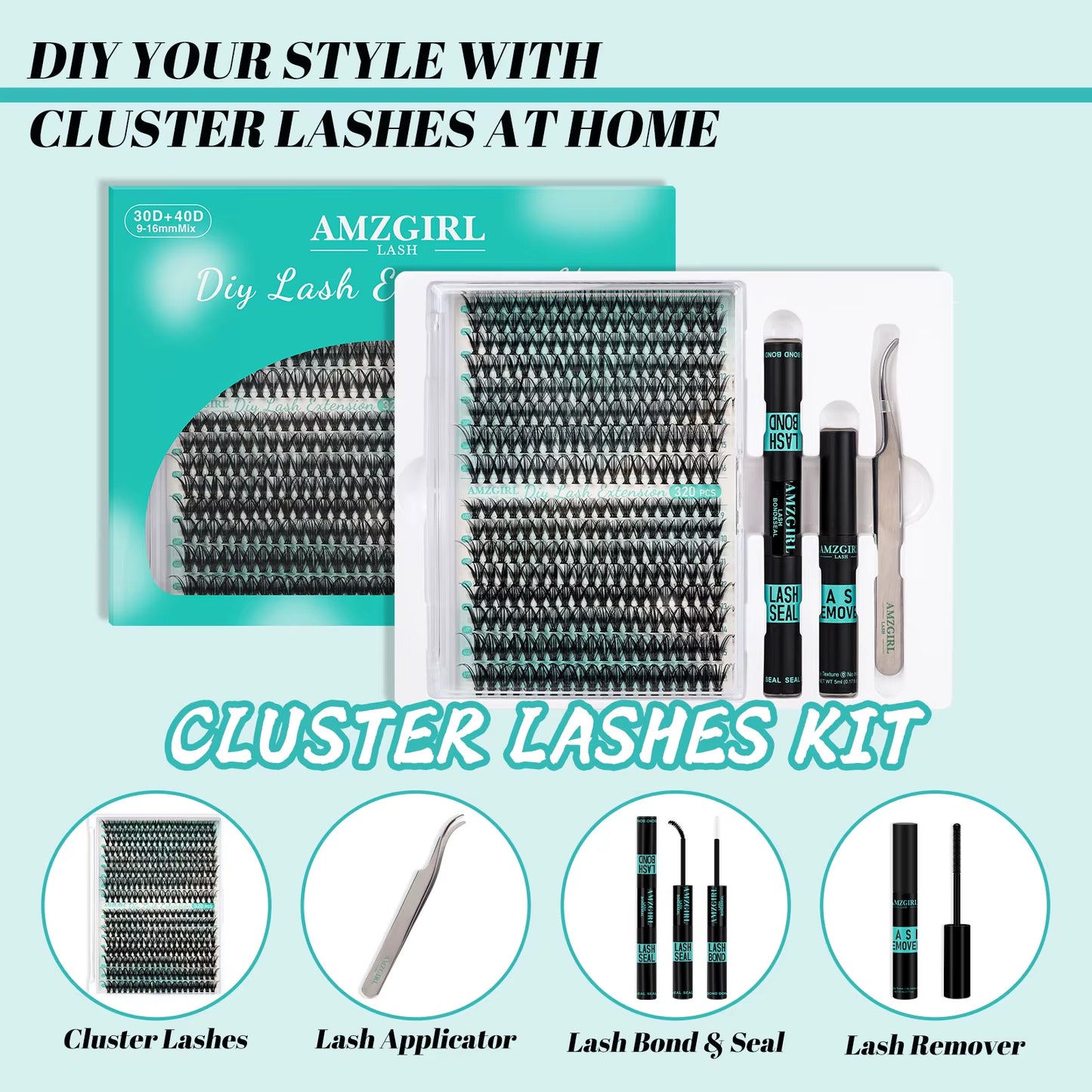 AMZGIRL LASH DIY Eyelashes Kit 320Pcs Cluster Lashes 30D+40D Waterproof Bond and Seal with Remover Tweezer Premade Fan Lashes