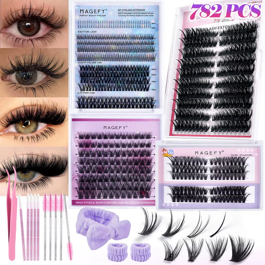 False Eyelashes Kit 782 Cluster Individual Eyelashes with Eyelashes Brushes Tweezers Gift Boxed for Beginner Friends Tool