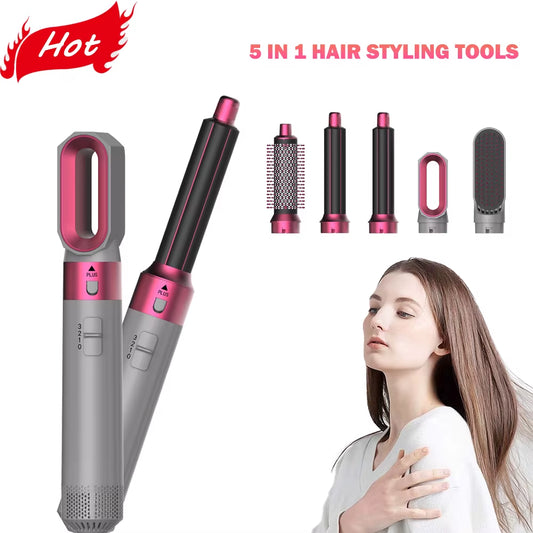 Hot Air Brush 5 in 1 Hair Dryer Set, Straightener Curler Styler Comb, Travel-Friendly Ionic Blow Dryer Brush