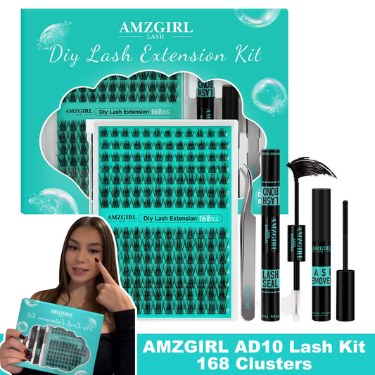 AMZGIRL LASH 168Pcs DIY Eyelashes Kit Cluster Lashes D Curl Waterproof Bond and Seal with Remover Tweezer Easy Apply Premade Fan