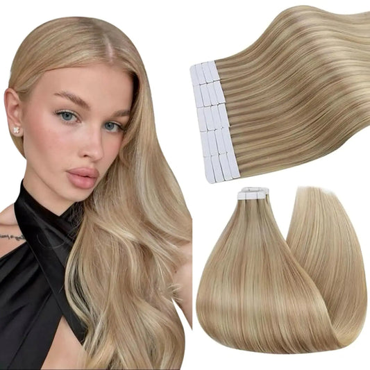 Tape in Hair Extensions Human Hair Blonde 20Inch Remy Tape in Human Hair Extensions Dark Ash Blonde Highlights Double Side