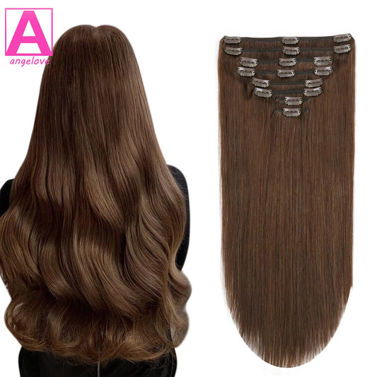 Clip in Hair Extensions #4 Brown Hair Real Human Hair Double Weft 8Pcs Hair Extensions Clip Ins Straight Human Hair for Woman