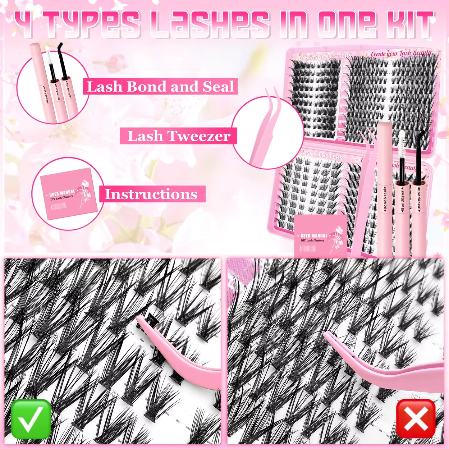 Mixed Length Individual False Eyelashes Kit, Natural Look Eyelash Extensions with Lash Applicators