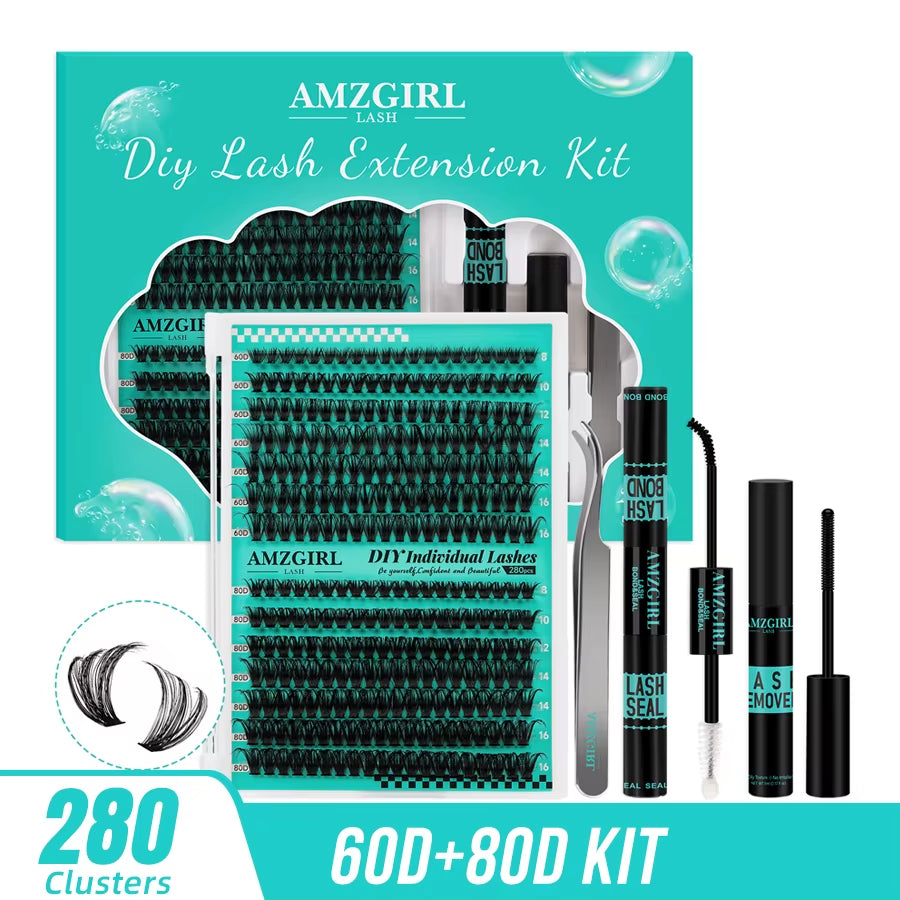 AMZGIRL LASH DIY Eyelashes Kit 320Pcs Cluster Lashes 30D+40D Waterproof Bond and Seal with Remover Tweezer Premade Fan Lashes