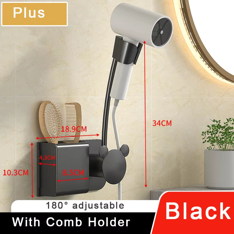 Hair Dryer Holder Bathroom Wall-Mounted Hairdryer Storage Rack Free Hands Multifunction Adjustable Comb Hair Dryer Organizer