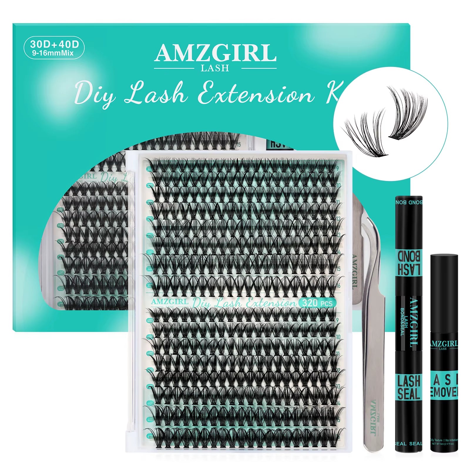 AMZGIRL LASH DIY Eyelashes Kit 320Pcs Cluster Lashes 30D+40D Waterproof Bond and Seal with Remover Tweezer Premade Fan Lashes