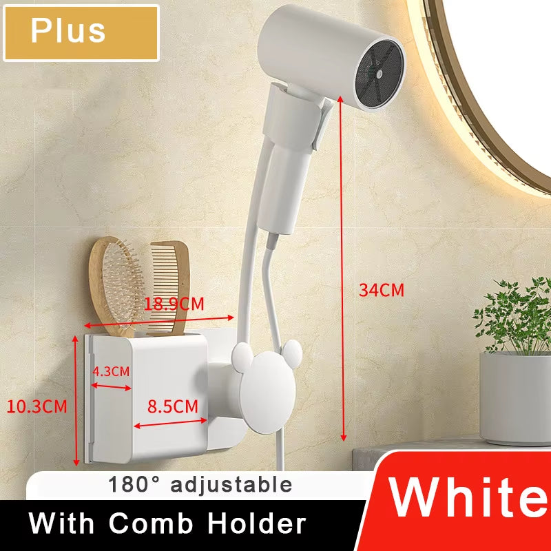 Hair Dryer Holder Bathroom Wall-Mounted Hairdryer Storage Rack Free Hands Multifunction Adjustable Comb Hair Dryer Organizer