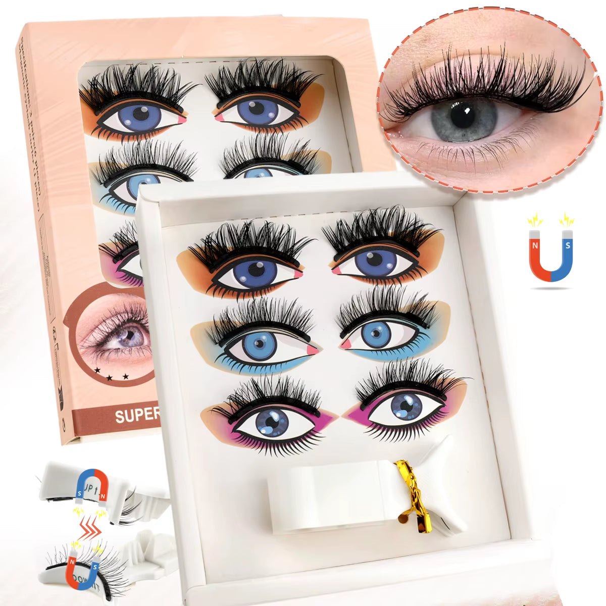 Magnetic Eyelash 1/3 Pairs Magnetic Fake Eyelashes Kit and Magnetic Tweezers Makeup Tool Handmade Reusable Mink Lashes Make Up