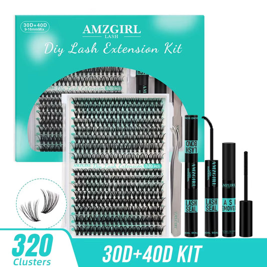 AMZGIRL LASH DIY Eyelashes Kit 320Pcs Cluster Lashes 30D+40D Waterproof Bond and Seal with Remover Tweezer Premade Fan Lashes
