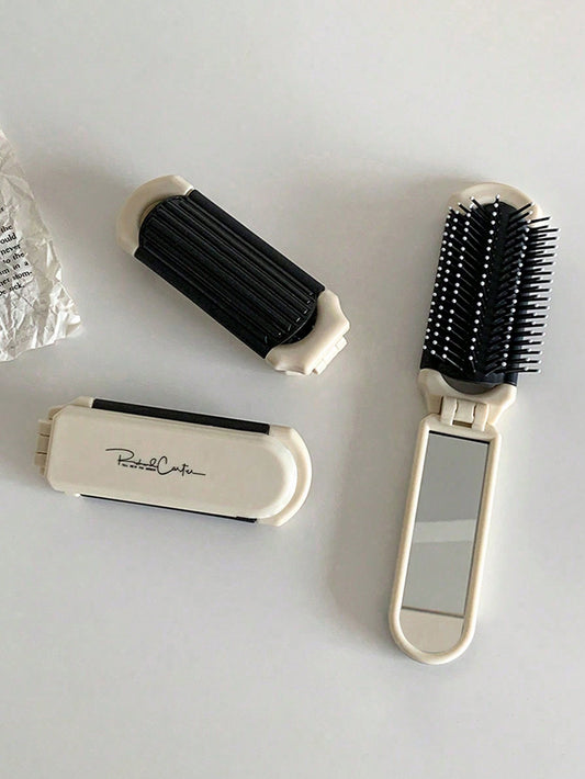 X Milania 1Pc Foldable Comb - Cream Color, Portable with Built-In Mirror,Hair Brush,Comb,Hair Tools,Hair Products and Accessories for Barber Salon Beauty Travel Essentials,Back to School,Travel Holiday Essentials,Hair Accessories for Women