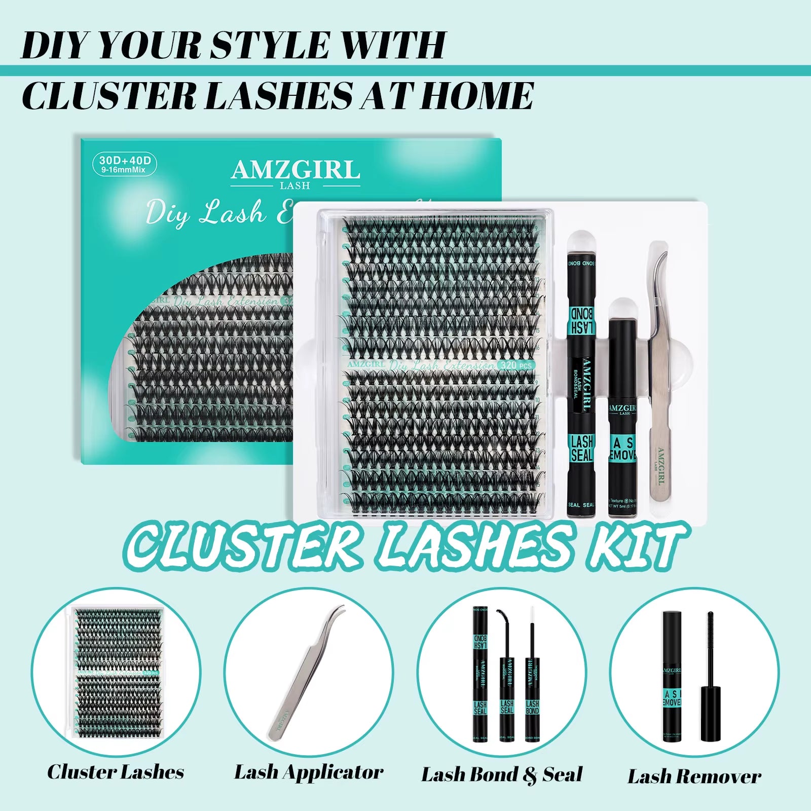 AMZGIRL LASH DIY Eyelashes Kit 320Pcs Cluster Lashes 30D+40D Waterproof Bond and Seal with Remover Tweezer Premade Fan Lashes