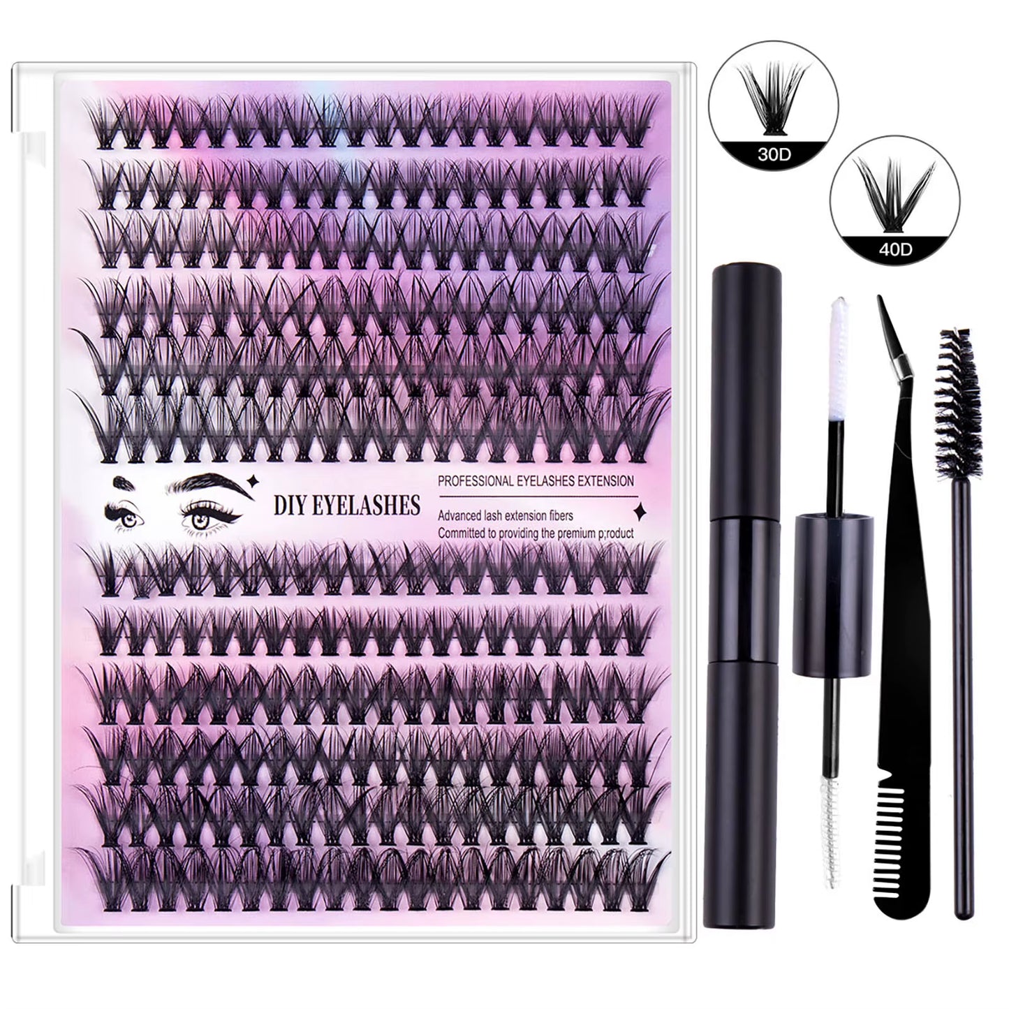30D 40D False Eyelashes Bond and Seal Lash Glue Professional Soft Natural Cluster Lash Extension Tools Kit for Women Make Up