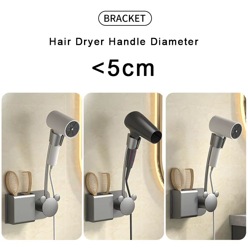 Hair Dryer Holder Bathroom Wall-Mounted Hairdryer Storage Rack Free Hands Multifunction Adjustable Comb Hair Dryer Organizer
