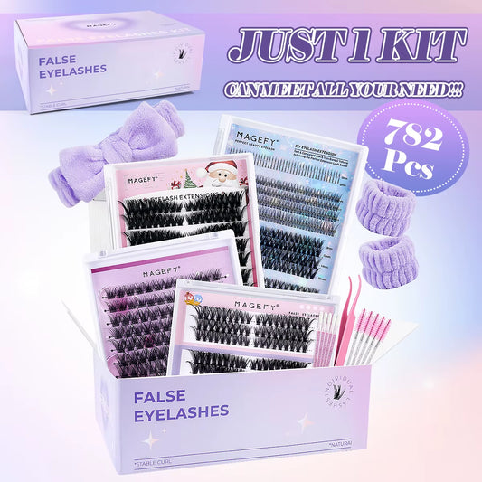 False Eyelashes Kit 782 Cluster Individual Eyelashes with Eyelashes Brushes Tweezers Gift Boxed for Beginner Friends Tool