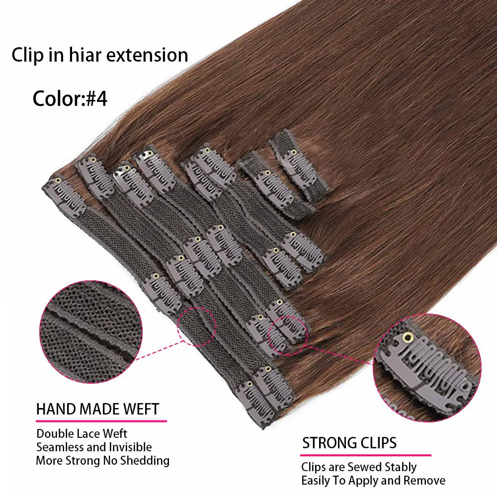 Clip in Hair Extensions #4 Brown Hair Real Human Hair Double Weft 8Pcs Hair Extensions Clip Ins Straight Human Hair for Woman