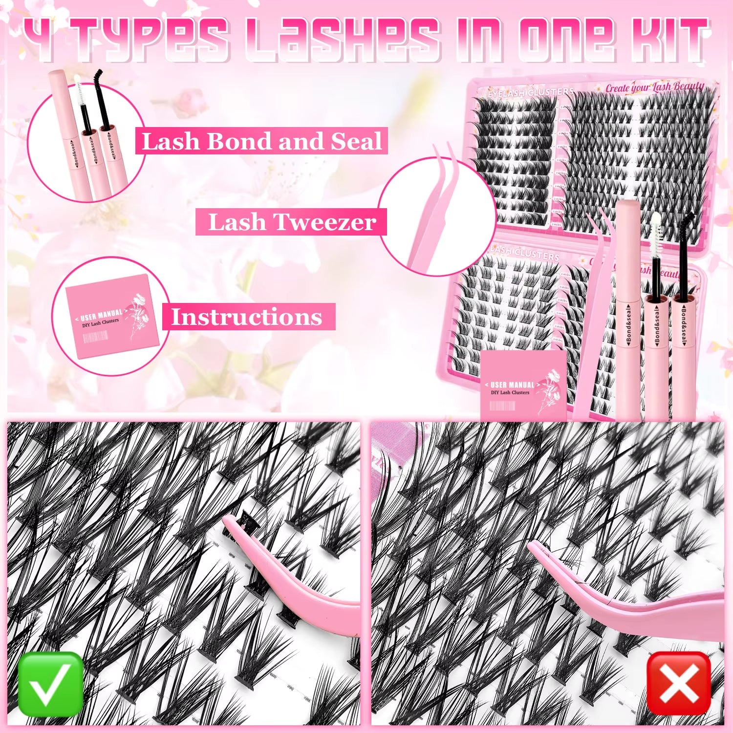 Mixed Length Individual False Eyelashes Kit, Natural Look Eyelash Extensions with Lash Applicators